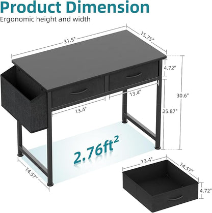 CAIYUN Computer Office Desk for Small Space with Fabric Drawers, Home Office Desk for Bedroom with Side Pocket and Hook, 31 Inch Kid’s Desk, Writing Desk, Study Table and Work Desk, Black