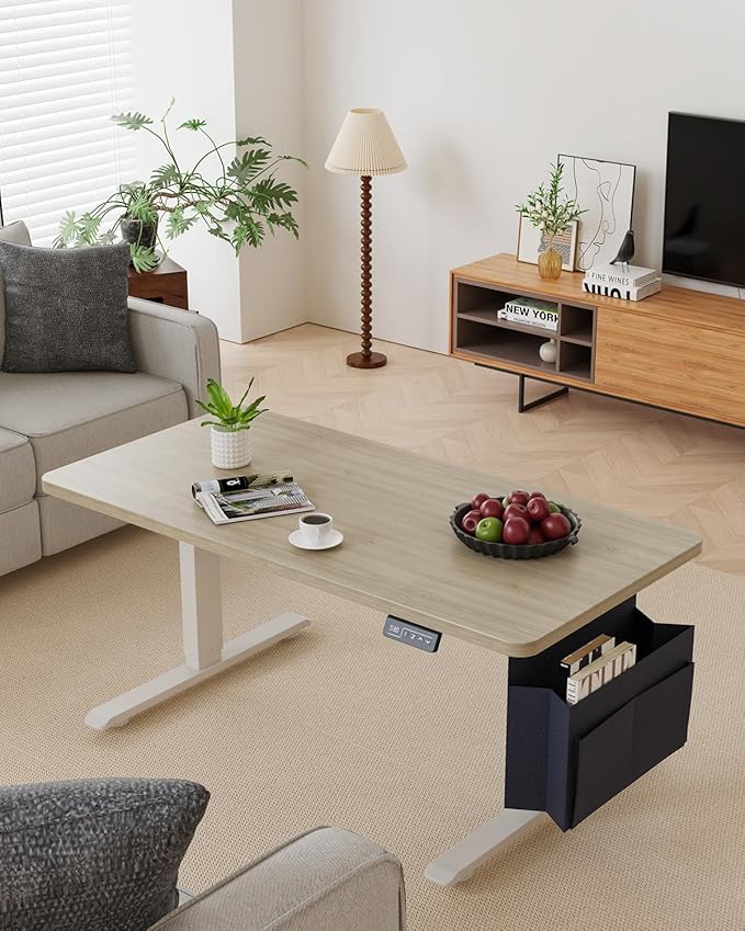 Coffee Table, Height Adjustable Electric Coffee Table with Storage Bag Lift Tabletop Dining Table Office Table with Lockable Wheels for Living Room (Grey Oak Look, 48 x 24 Inches)