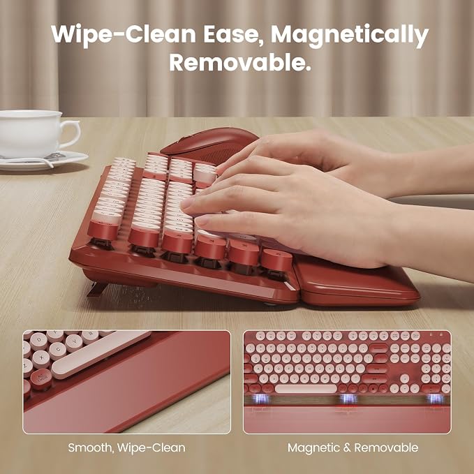 Wireless Keyboard and Mouse Combo with Magnetic Wrist Rest, Round Keycaps, Full-Size Retro Typewriter-Style Keyboard, Two-Stage Tilt Legs, Auto-Sleep, 2.4GHz Wireless for Windows PC Laptop, Wine Red