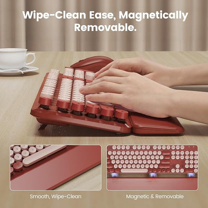 Wireless Keyboard and Mouse Combo with Magnetic Wrist Rest, Round Keycaps, Full-Size Retro Typewriter-Style Keyboard, Two-Stage Tilt Legs, Auto-Sleep, 2.4GHz Wireless for Windows PC Laptop, Wine Red
