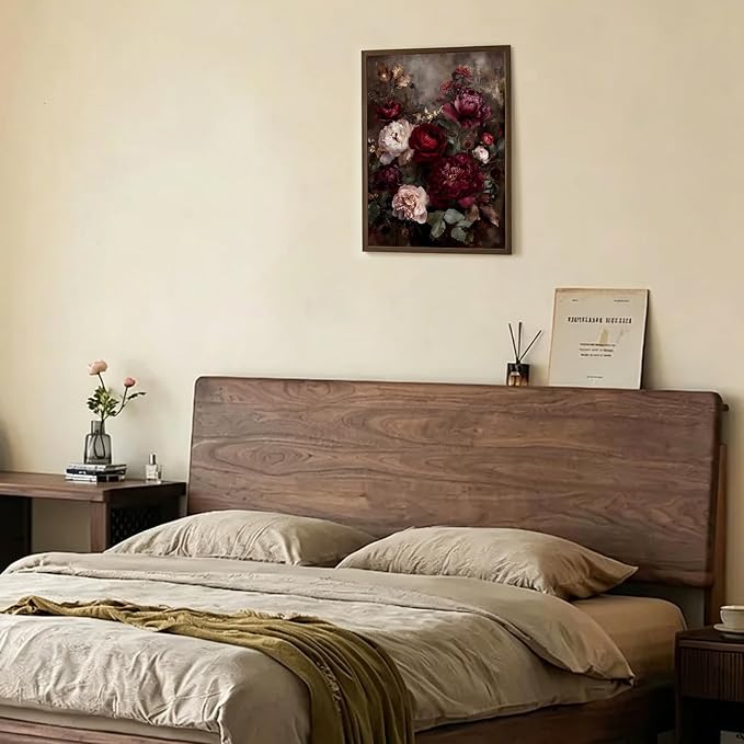 Framed Vintage Dark Floral Wall Art, Moody Burgundy Peony Canvas Wall Decor Picture, Retro Rustic Botanical Still Life Painting for Living Room Bedroom Bathroom 16X24 Inch