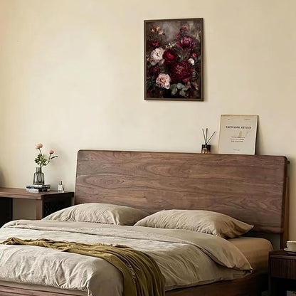Framed Vintage Dark Floral Wall Art, Moody Burgundy Peony Canvas Wall Decor Picture, Retro Rustic Botanical Still Life Painting for Living Room Bedroom Bathroom 12x16 Inch