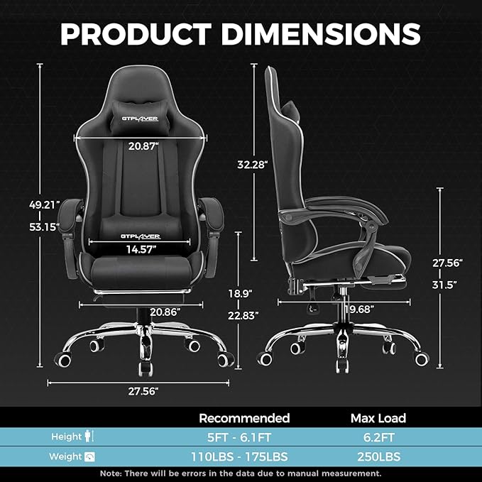 GTPLAYER Gaming Chair, Computer Chair with Footrest and Lumbar Support, Height Adjustable Game Chair with 360°-Swivel Seat and Headrest and for Office or Gaming (Faux Leather, Black)