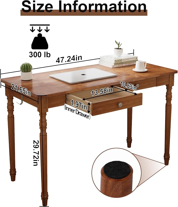 47 x 22 Inch Wooden Desk with Drawers -Simple Mid Century Modern Desk with 2 Hooks, Solid Rubber Wood Study Table for Living Room, Bedroom & Home Office, Walnut Color