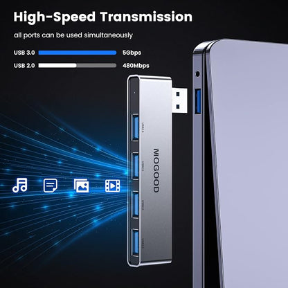 MOGOOD USB Hub 3.0, 4-Port Aluminum USB Splitter – Sturdy No-Cable Design, 1 USB 3.0 + 3 USB 2.0 Ports, Plug & Play Data Hub for Laptop, Desktop, Mac, Chromebook Ideal for Flash Drive, Mouse, Keyboard