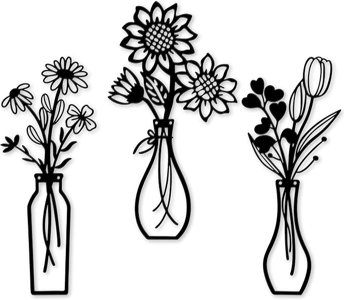 Mcdagogn 3 Pieces Metal Flowers Wall Arts - Rustic Farmhouse Wall Decor, Minimalist Black and White Wall Decor for Living room Bathroom Bedroom Dining Room Kitchen Office - Housewarming Gifts