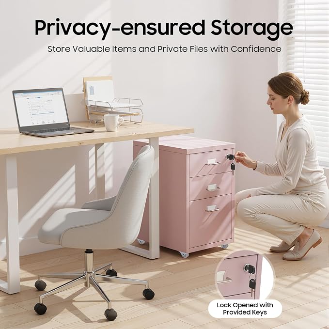 Pink File Cabinet, 3 Drawer File Cabinet with Lock, Metal Mobile Vertical Pink Desk Organizer, Rolling Cabinet with Lock and Wheels Under Desk for Home Office