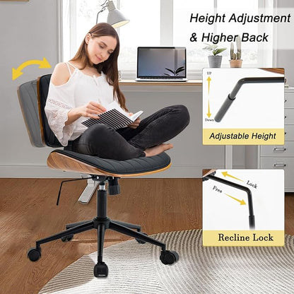 Modern Home Office Desk Chair with Wheels, PU Leather Swivel Computer Chair Armless Upholstered Cirss Cross Vanity Chair for Home Office, Meeting, Reading, Black