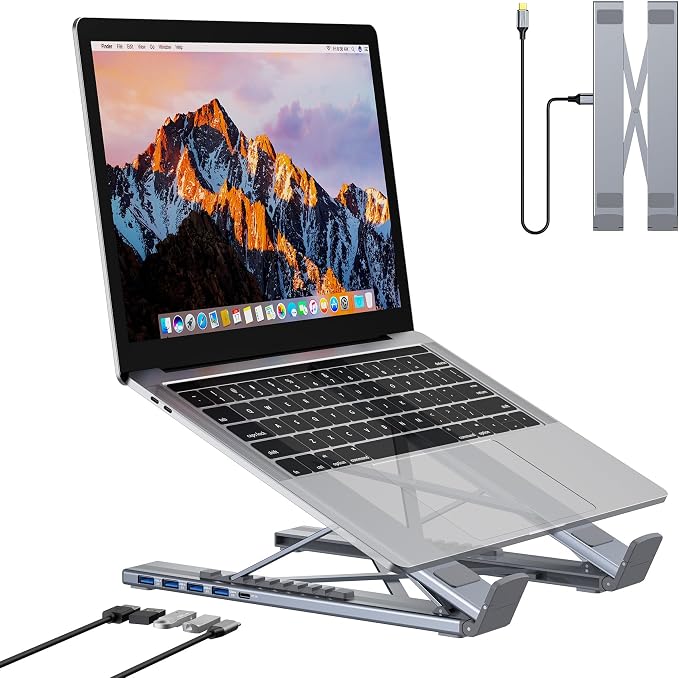 Mukiya 5-in-1 USB C Hub Adjustable Aluminum Laptop Stand, 4-Port USB A 3.0 with 5Gbps Data Transfer USB C Hub Docking Station [Charging Not Supported] for MacBookPro/Air/Dell/HP/Lenovo