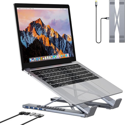 Mukiya 5-in-1 USB C Hub Adjustable Aluminum Laptop Stand, 4-Port USB A 3.0 with 5Gbps Data Transfer USB C Hub Docking Station [Charging Not Supported] for MacBookPro/Air/Dell/HP/Lenovo