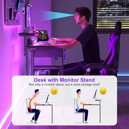 X-cosrack 33.5" Small Gaming Desk with LED Lights & Power Outlets, Compact Computer Desk with Monitor Stand & CPU Stand, Gamer Table with Storage Drawer, Side Hooks for Home Office, Bedroom, Black