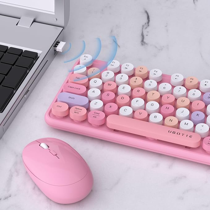 UBOTIE Colorful Wireless Keyboard and Mouse Combos, Retro Typewriter Floating Flexible Full-Sized Keys Computer Keyboard with Optical Mouse, 2.4GHz USB-A Connection for Windows Mac (Pink-Colorful)
