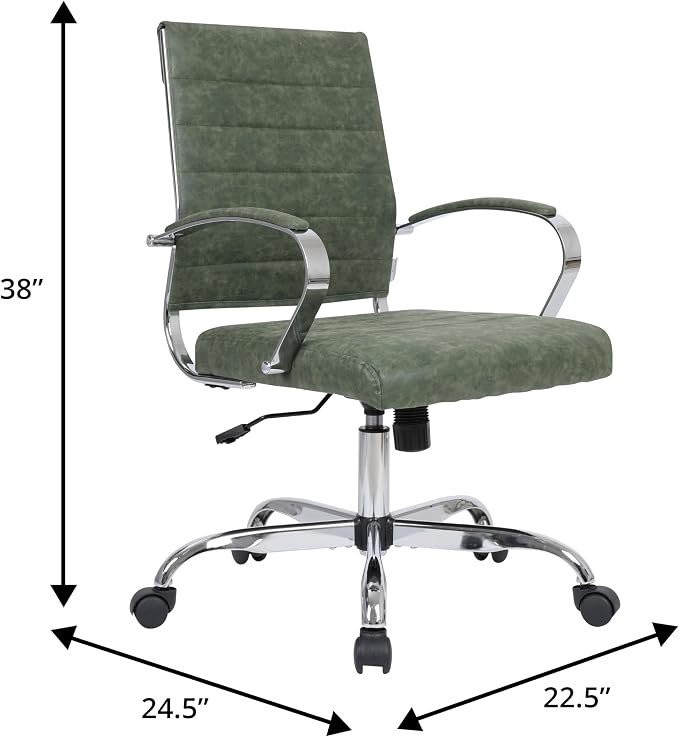 LeisureMod Benmar Leather Office Desk Chair, Mid-Back Ergonomic Swivel Chair with Lumbar Support, Adjustable Height, Tilt Lock, Cushioned Seat & Back, Home Office Task Chair (Green, Set of 4)