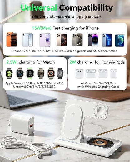 3 in 1 Foldable Charging Station for Apple Products,Wireless Charger for iPhone 17 16 15 14 13 12 Pro Max,Travel Dock Adapter&Light for iWatch Series 11 10 9 Ultra 3/2 SE 3/2,for AirPods 4 3 2 Pro 3/2