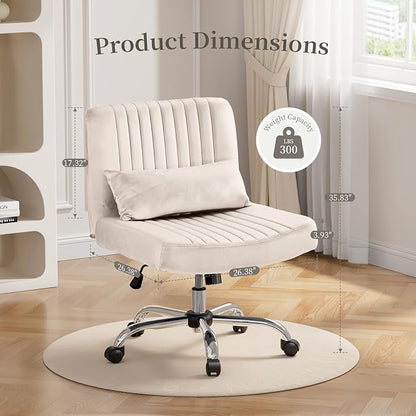 Velvet Office Chair, Luxury Criss Cross Chair with Wheels, Comfy Cross Legged Desk Chair for Home Office, Height Adjustable Vanity Chair, Wide Seat Computer Chair, Gift for Girlfriend, Cozy Beige