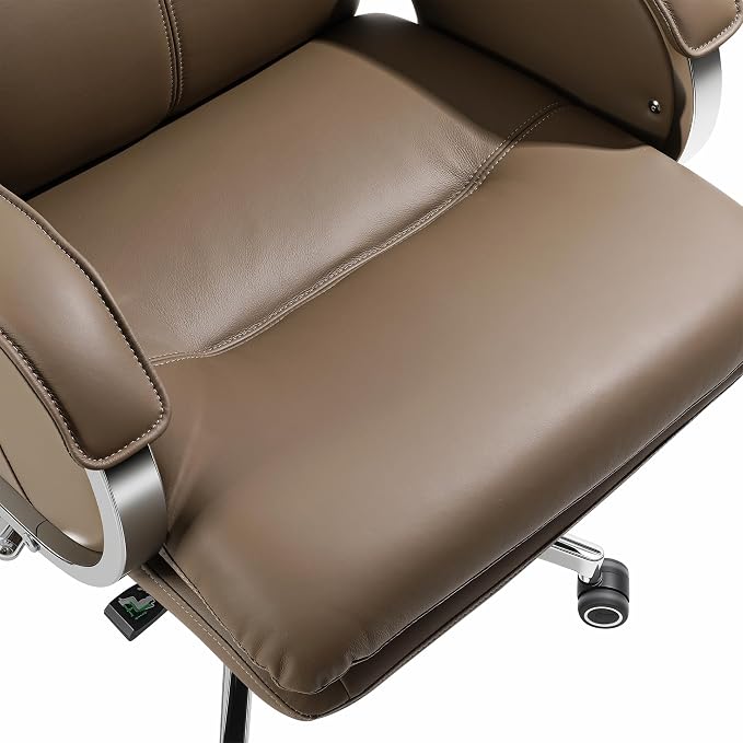 Genuine Leather Modern Executive Chair High-Back Support 90 to 150 Degrees Tilt and Upholstered Home Desk Chair with Base 400LB Capacity Swivel Computer Office Chair (Taupe)