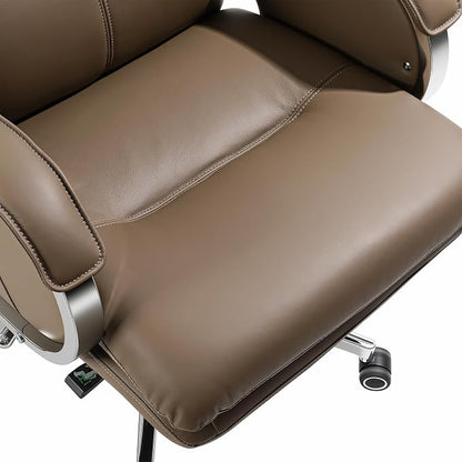Genuine Leather Modern Executive Chair High-Back Support 90 to 150 Degrees Tilt and Upholstered Home Desk Chair with Base 400LB Capacity Swivel Computer Office Chair (Taupe)