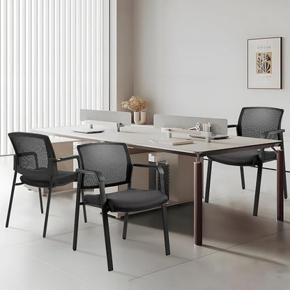 CLATINA Guest Reception Stacking Office Chairs with Arm, Mesh Back Waiting Room Chair with Upholstered Fabric Seat and Ergonomic Lumbar Support for Office Conference School Church, Black-2 Pack