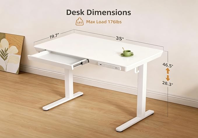 Claiks Small Glass Standing Desk with Drawers & USB Ports, 35 Inch Adjustable Stand Up Desks with Storage, Quick Install One-Piece Computer Desks for Small Space and Home Office, White