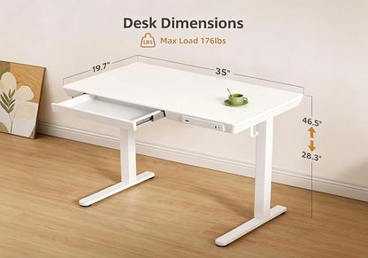 Claiks Small Glass Standing Desk with Drawers & USB Ports, 35 Inch Adjustable Stand Up Desks with Storage, Quick Install One-Piece Computer Desks for Small Space and Home Office, White