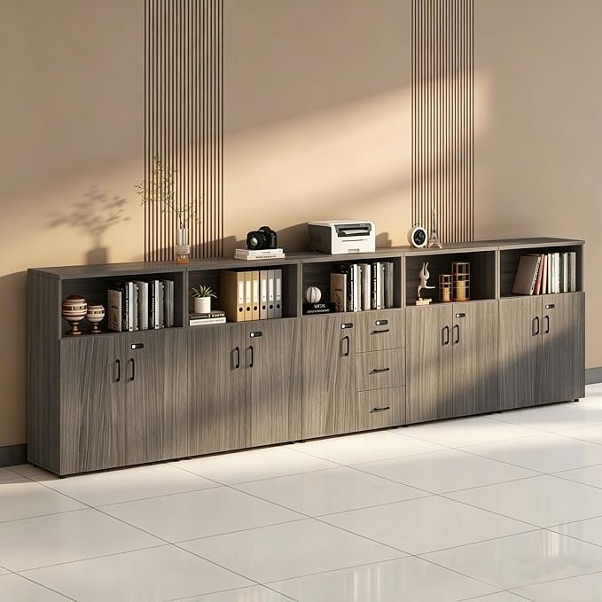 File Cabinet with Password Lock, Wood Lateral Filing Cabinet for Letter/A4 Files, 3 Drawer with Door, Printer Stand with Open Shelves for Home Office