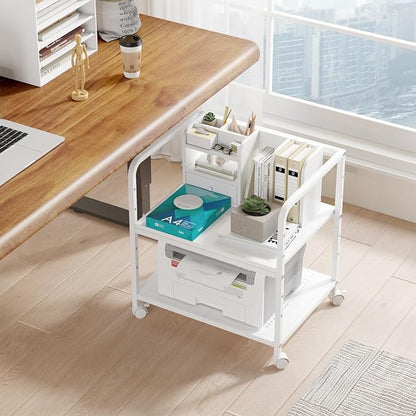 21"x15.8" Large Printer Stand with Storage, 2-Tier Under Desk Printer Table, Rolling Printer Cart with Lockable Wheels for Home, Office (White)