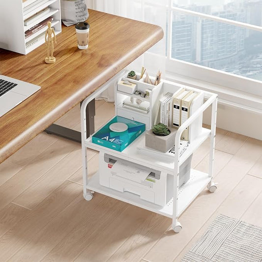 21"x15.8" Large Printer Stand with Storage, 2-Tier Under Desk Printer Table, Rolling Printer Cart with Lockable Wheels for Home, Office (White)