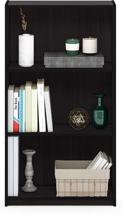 Furinno BASIC Book Shelf, 3-Tier Modern Bookshelf, Bookcase with Open Shelves, 9.3" x 21.8" x 39.5", for Living Room, Bedroom, Home Office, Dark Walnut