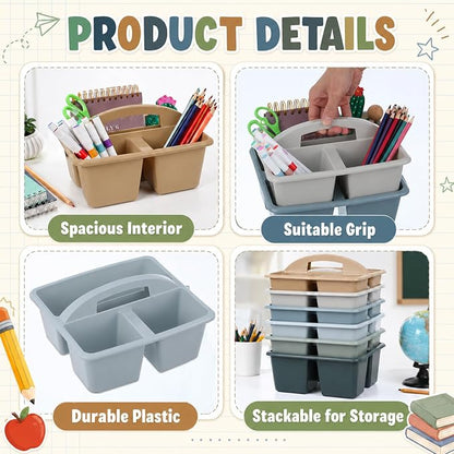 6 Pack 3 Compartment Small Caddy Plastic Classroom Organizer with Handle Portable Teacher Supply Storage Caddy Craft Art Caddies for Pencil, Crayon, Marker, Home, Office, School Supplies(Muted Nordic)