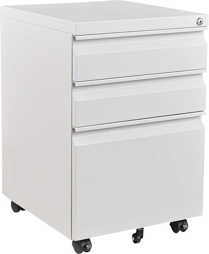 Fesbos 3 Drawer Mobile Metal File Cabinet, White Filling Cabinets with Lock, Office Storage File Cabinet with Wheels Under Desk - Assembled Required