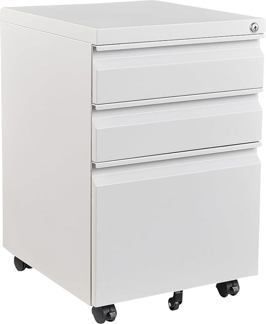 Fesbos 3 Drawer Mobile Metal File Cabinet, White Filling Cabinets with Lock, Office Storage File Cabinet with Wheels Under Desk - Assembled Required