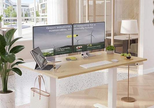 YDN Electric Standing Desk Adjustable Height, 55 x 24 Inches Sit Stand up Desk with Memory Presets & Cable Management, Home Office Desk for Office & Computer Workstation, White Frame/Nature Top