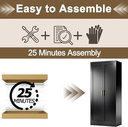 71" Tall Kitchen Pantry Cabinet, Metal Kitchen Pantry Storage Cabinet with Doors and 4 Adjustable Shelves, Black Pantry Cabinet for Living, Dining Room, Bathroom