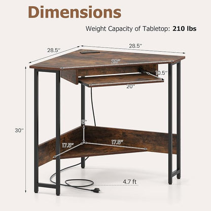 Tangkula Corner Desk with Keyboard Tray, 90-Degree Triangle Corner Computer Desk for Small Space, Industrial Writing Desk with Storage Shelf, Space-Saving Laptop PC Desk (Rustic Brown)