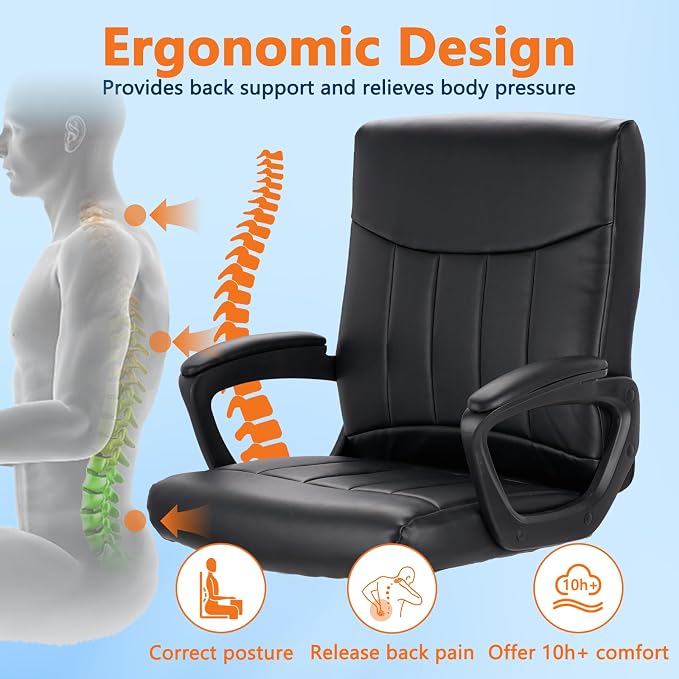 CLATINA Leather Office Executive Chair with Lumbar Support and Padded Armrestes, Swivel Rolling Ergonomic Mid Back Computer Task Desk Chair for Home, Conference, Waiting Room, Black