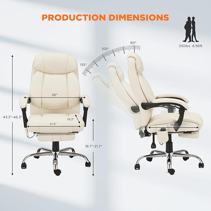 HOMREST Heated Office Chair, Beige | Vibrating Massage, Ergonomic Executive Desk Chair, Retractable Footrest and Lumbar Support, High-Back Reclining PU Leather