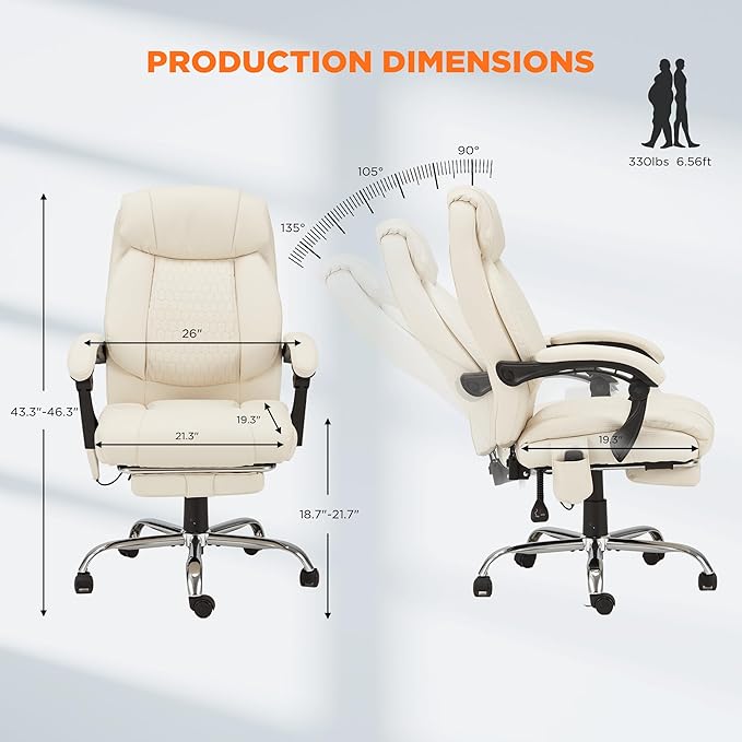 HOMREST 4-Point Massage Office Chair with Heating and Footrest, Reclining Executive Leather Desk Chair, Ergonomic Heated Managerial Chair for Home Office, Beige