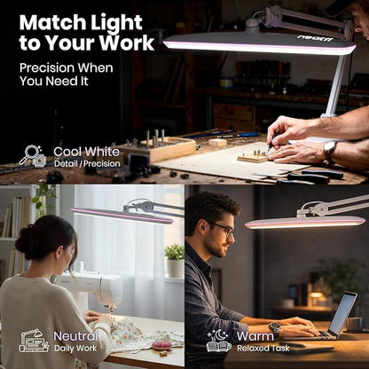 Neatfi XL 2,200 Lumens 24W LED Desk Lamp – 23” Wide Shade | Dimmable Eye-Caring Task Light | Adjustable Arm | Home Office, Study, Crafts & Nail Tech (White with Pink Ring, Non-CCT with Clamp)