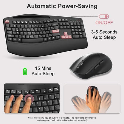 Wireless Keyboard and Mouse Combo, 2.4G Full Size Wave Keys Ergonomic Keyboard with Wrist Rest, Phone Holder, 3-Level DPI Wireless Silent Mouse with 6-Buttons, for Windows (Pink)