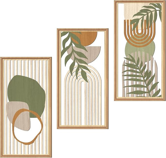 IARTTOP Boho Mid-century Modern Wood Wall Art 8x16 Inch Framed Green Bohemian Abstract Wooden Wall Decor Set of 3 Minimalist Geometric Leaf Artwork for Living room Bedroom Office