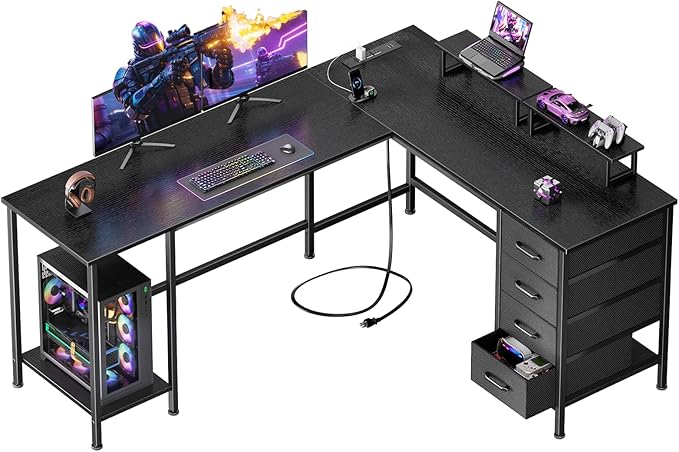Korfile 66" L Shaped Computer Desk, 94.4'' Home Office Desk with Power Outlets, 4 Adjustable Storage Drawers & 2 Monitor Stands, Large Two Person Gaming Table for Writing Study, Black