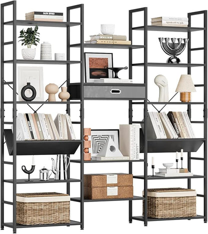 NUMENN Bookcases and Bookshelves Triple Wide 6 Tier Bookshelf, Large Etagere Bookshelf with Storage Drawer, Adjustable Open Display Shelves for Living Room Bedroom Home Office, Black