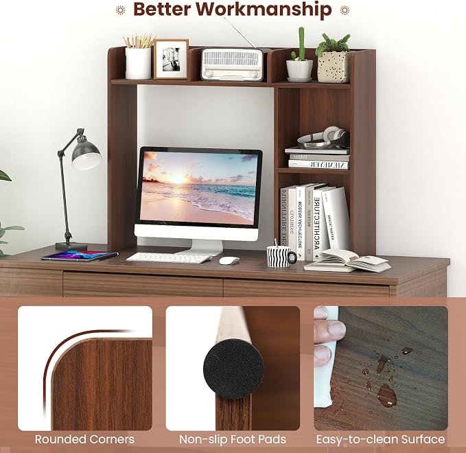 GOFLAME 5 Shelves Desktop Bookshelf, Wood Desk Hutch Dorm for Computer Desk, Countertop Display Rack, 3-Tier Desk Storage Organizer Shelf for Dormitory, Home Office, Study, Walnut