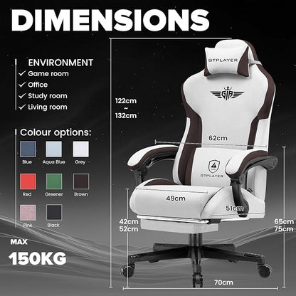 GTPLAYER Gaming Chair, Computer Office Chair Lumbar Support, Linkage Armrests and Footrest, Ergonomic Game Chair for Adults with Extended Backrest, Fabric, Brown