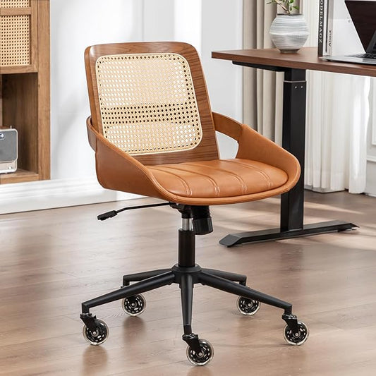 Home Office Desk Chair with Ergonomic Rattan Backrest, Walnut Crafts, Curved Arms, Faux Leather, Caster Wheels, Height Adjustable, Computer Chair (Walnut Brown)