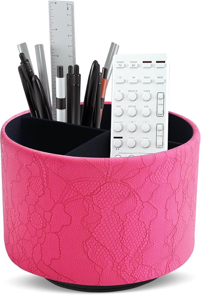 Round Leather Art Supply Organizer,Remote Control Holder,360 Degree Spinning,Multi-Functional Pencil Holder,4 Compartments Desktop Stationary Organizer(1-Lace Flower Rose Red)