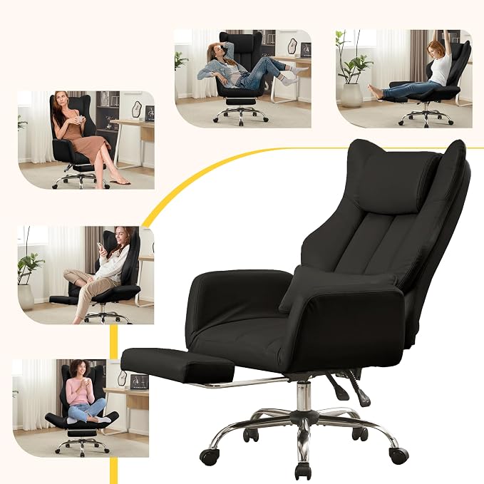 Ergonomic Cross Legged Office Chair with Footrest,Leather Big and Tall Executive Chair with Lumbar Pillow,Reversible Armrest for Pets,155° Reclining Computer Wide Desk Chair for Home,Office, Black