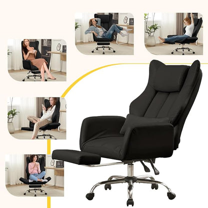 Ergonomic Cross Legged Office Chair with Footrest,Leather Big and Tall Executive Chair with Lumbar Pillow,Reversible Armrest for Pets,155° Reclining Computer Wide Desk Chair for Home,Office, Black