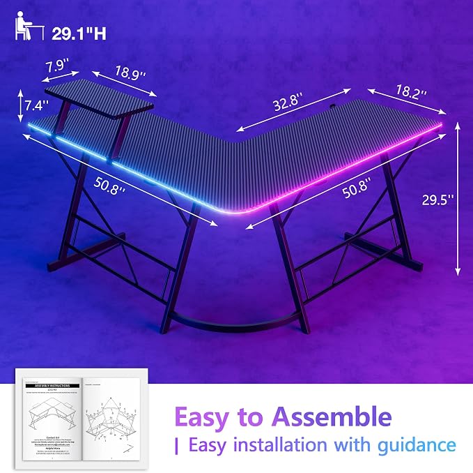 Mr IRONSTONE Gaming Desk with LED Lights and Speakers, L Shaped Desk Corner with Cup Holder & Headphone Hook, Computer Desk Home Office Desks with Monitor Stand, Carbon Fiber Surface, Black 51 Inch