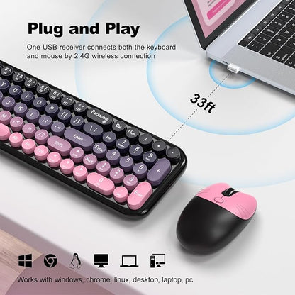MOFII Wireless Keyboard and Mouse Combo, Compact Small Keyboard with Large Print, 2.4GHz Retro Typewriter Keyboard, Quiet Click Mouse for PC, Laptop, Desktop, Windows (Plum Pink Gradient)